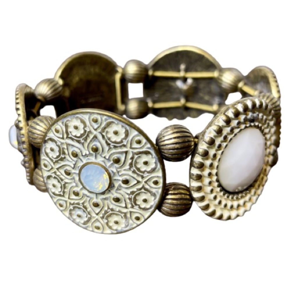 Lia Sophia Medallion Rhinestone Brass Bracelet Stretchy